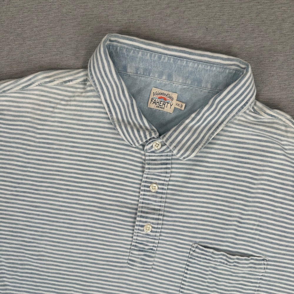 Faherty Brand Polo Shirt Mens XXL Blue White Indigo Dyed Striped Short Sleeve